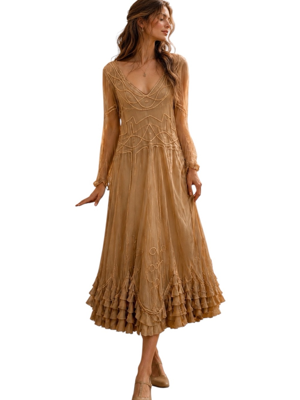 Nataya Age of Love NWT Victorian Mesh Maxi Dress Beige Size S Boho Romantic